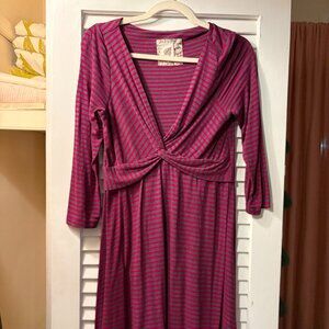 Lilla P Striped Twist-Front Dress • Size M • Stretch Jersey • Pink & Gray